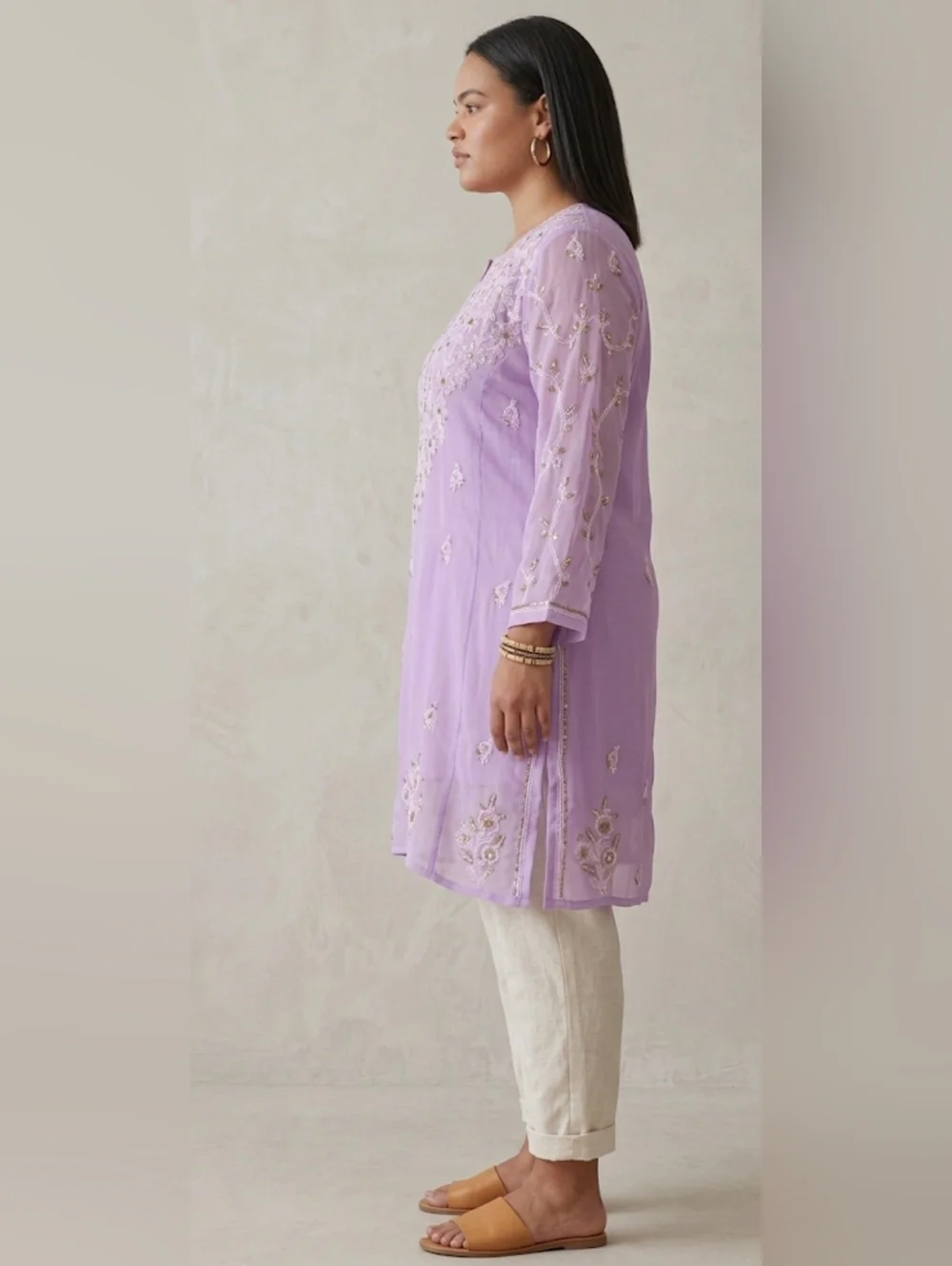 Lucknowi Chikan Hand Embroidered Lilac Sheer Tunic Kurta - Boho Luxe Size 2XL